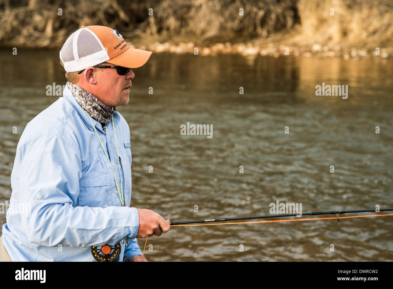 Fly fishing in Thermopolis, Wyoming on the Big Horn River Stock Photo