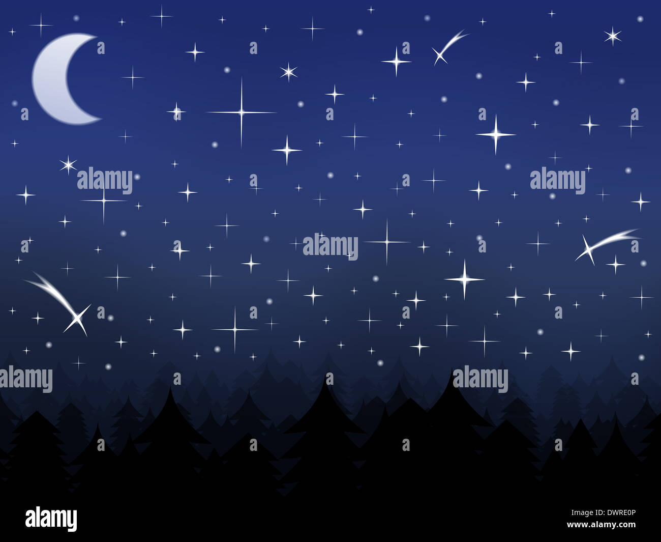 Silhouette of a forest and night sky with stars and moon Stock Photo ...