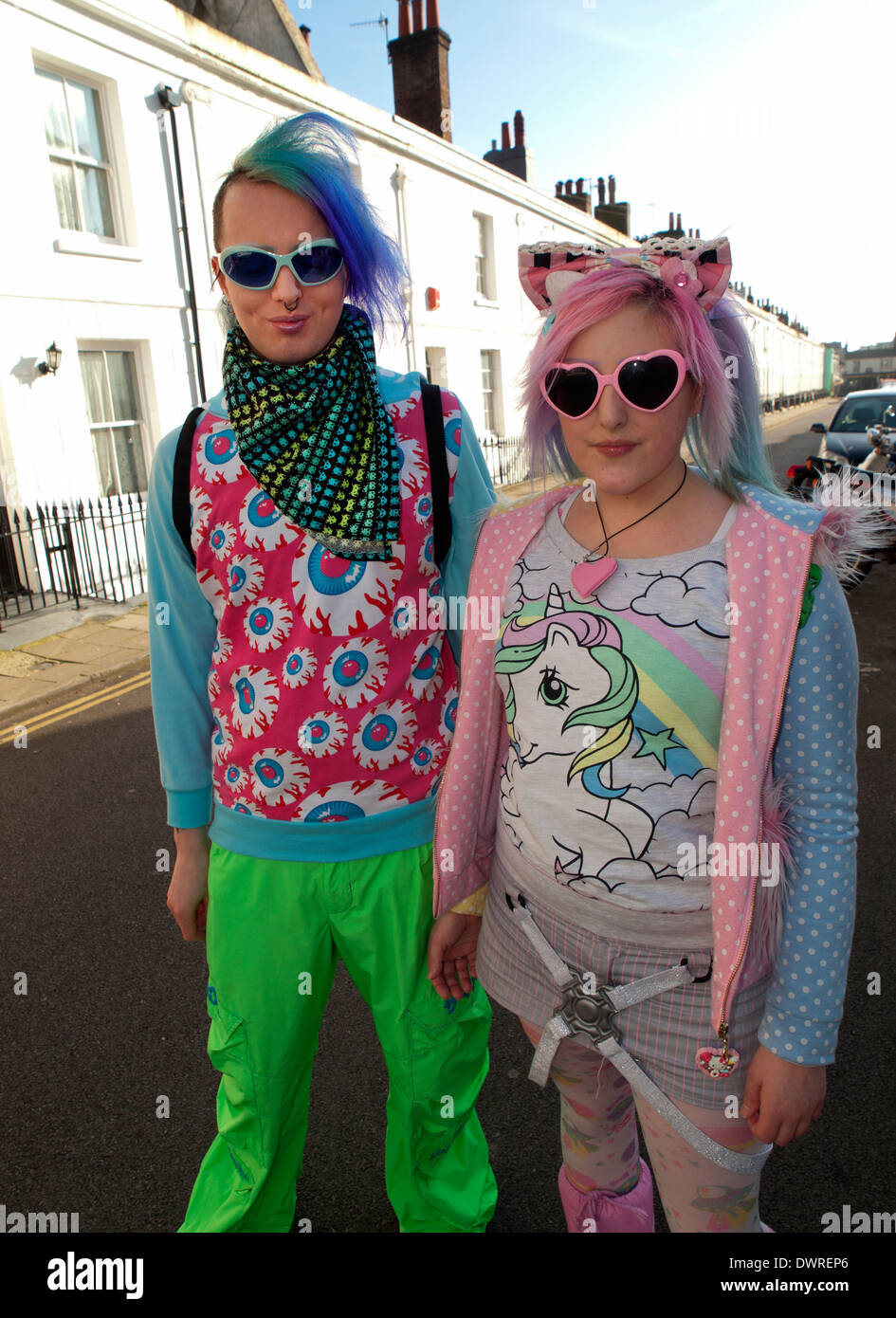 Out in Brighton on a Saturday a young couple dress in the Japanese street fashion style, known as Lolita Stock Photo