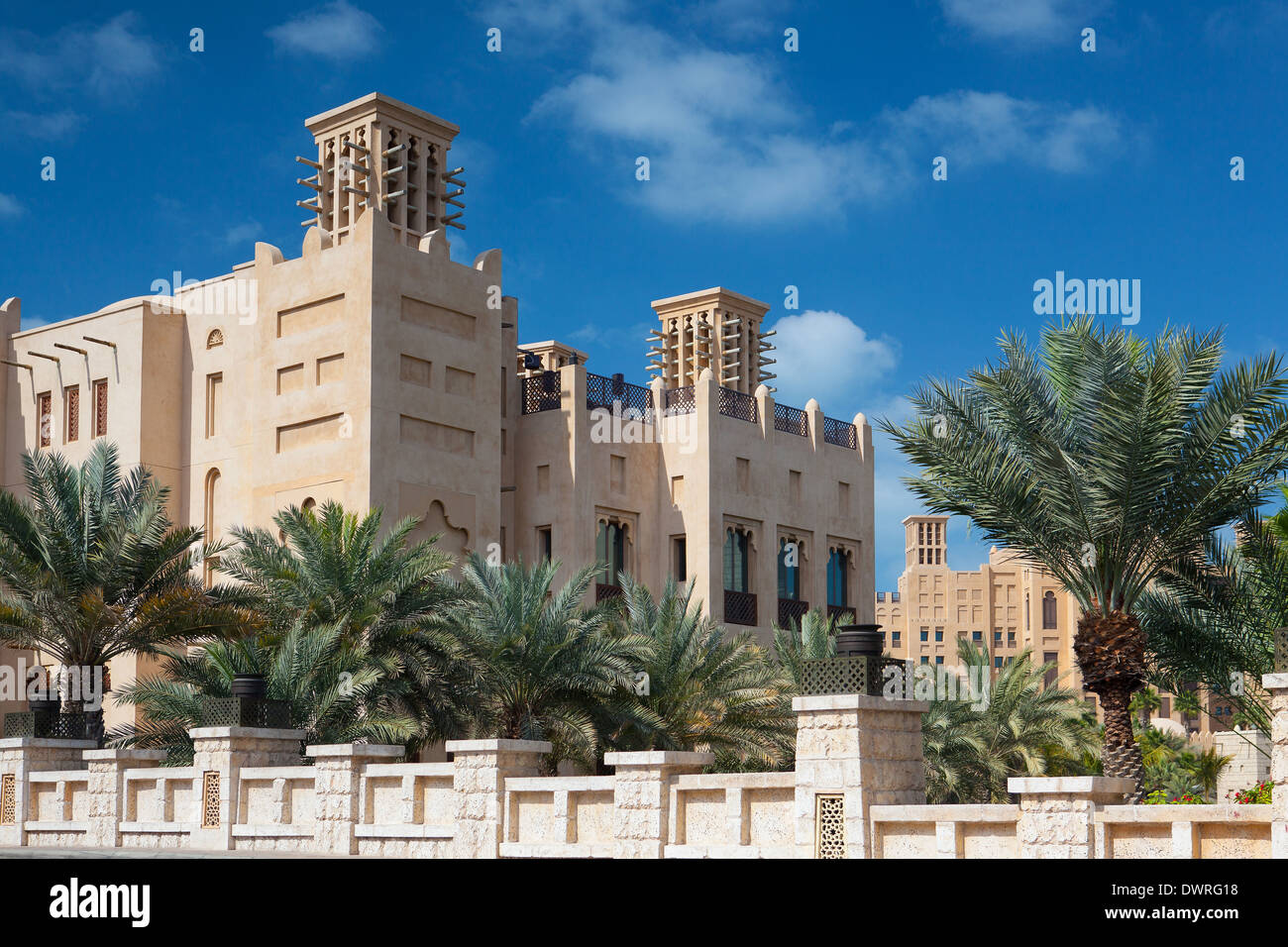 View of the Souk Madinat Jumeirah.Madinat Jumeirah contain two hotels and clusters of 29 typical Arabic houses. Stock Photo
