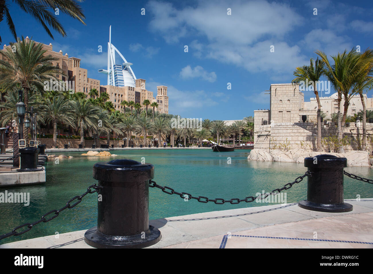 View of the Souk Madinat Jumeirah.Madinat Jumeirah contain two hotels and clusters of 29 typical Arabic houses. Stock Photo