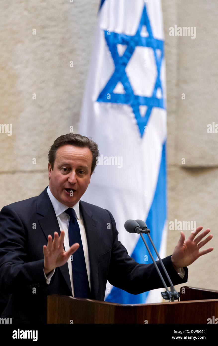 Jerusalem, Israel. 12th Mar, 2014. Visiting British Prime Minister David Cameron addresses the Israeli Knesset (parliament) in Jerusalem, on March 12, 2014. British Prime Minister David Cameron on Wednesday called on the Israeli Knesset (parliament) to reach out for historic peace with Palestinians, during his first visit to Israel as prime minister. Credit:  POOL/Jim Hollander/Xinhua/Alamy Live News Stock Photo