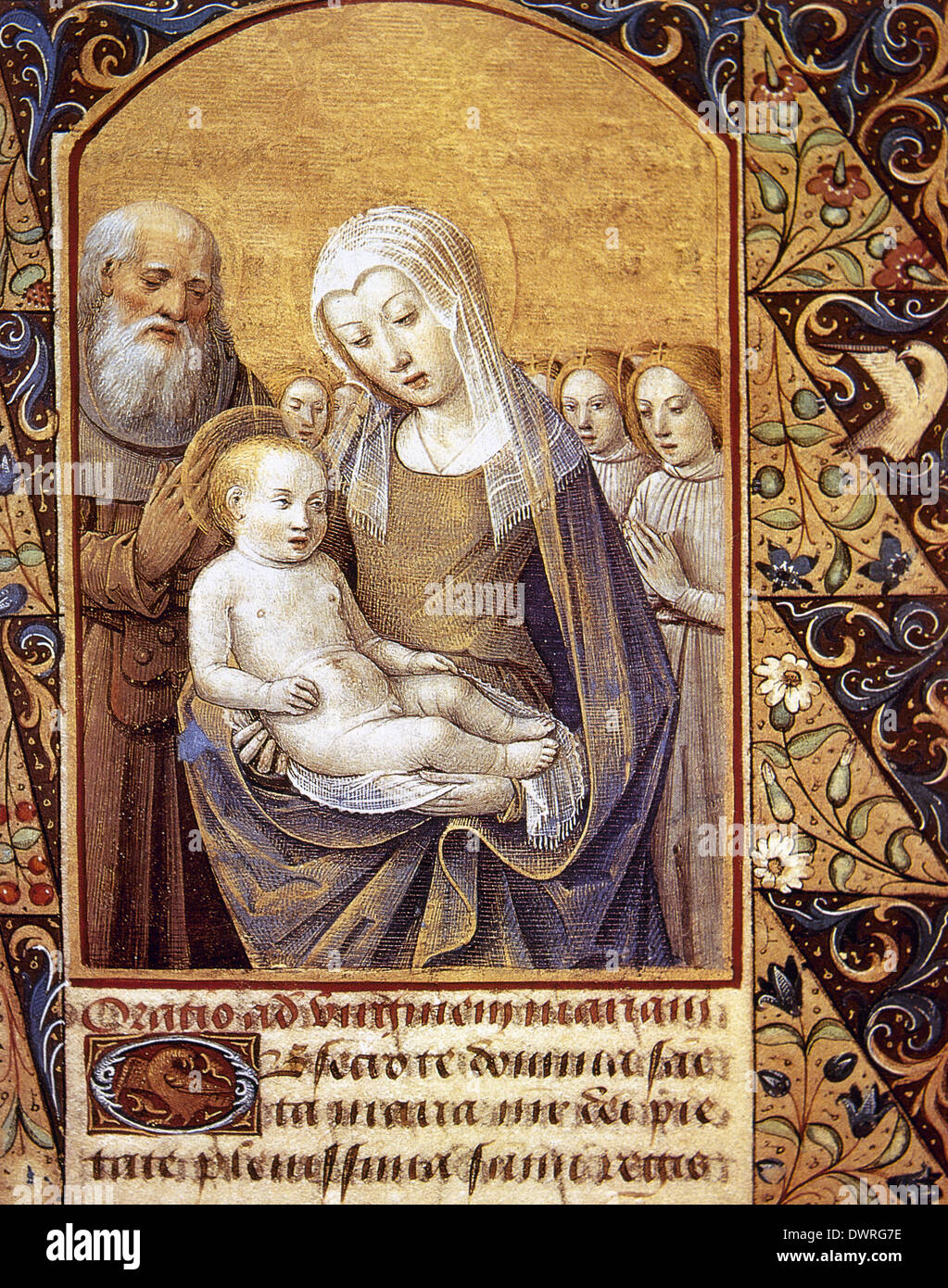 The Virgin Mary with Infant Jesus, Saint Joseph and angels. Miniature. Book of Hours. Life of the Virgin. Stock Photo