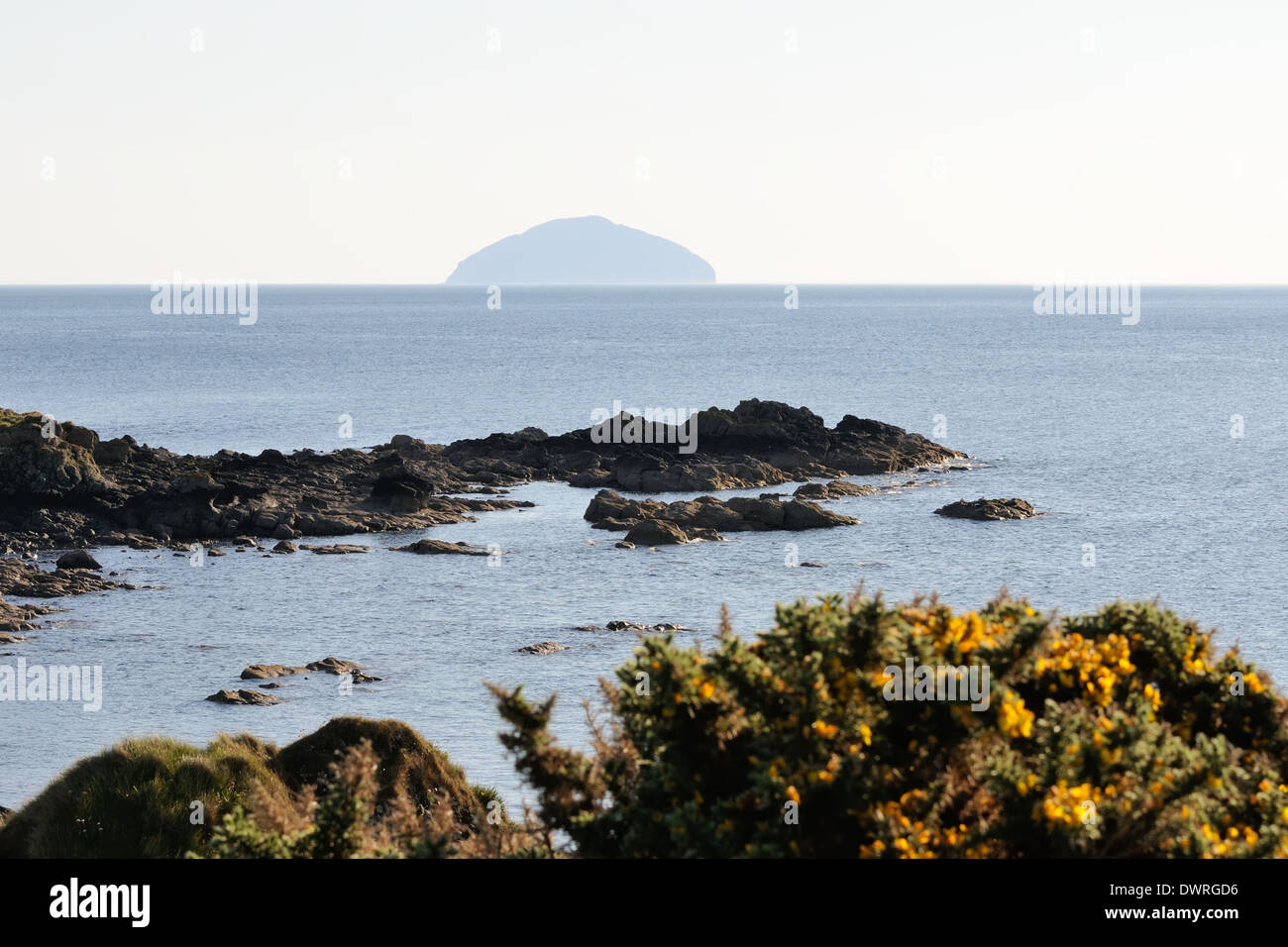 A view of Ailsa Craig from the shoreline at Turnberry, Ayrshire, Scotland, UK, Europe. Stock Photo