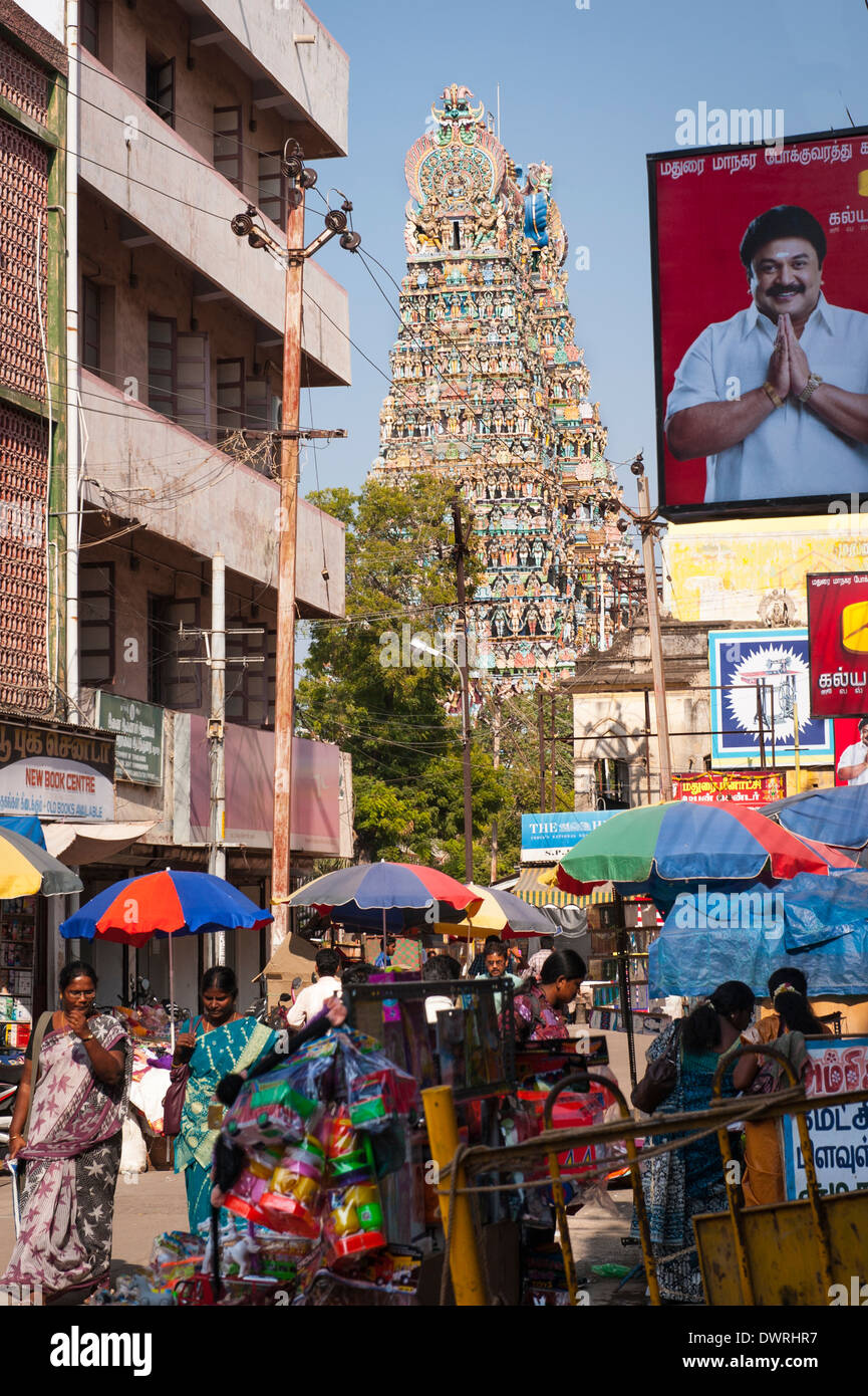 South Southern India Tamil Nadu Madurai busy street scene Sri Meenakshi Minakshi Sundareshvara Temple Tower Shiva Hindu Stock Photo