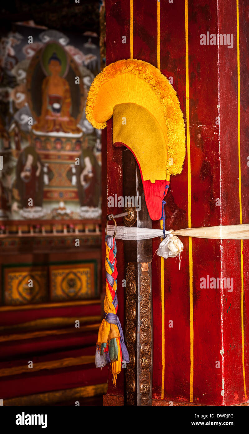 Yellow Hat, Galden Namgey Lhatse Monastery, Tawang, Arunachal Pradesh, India Stock Photo