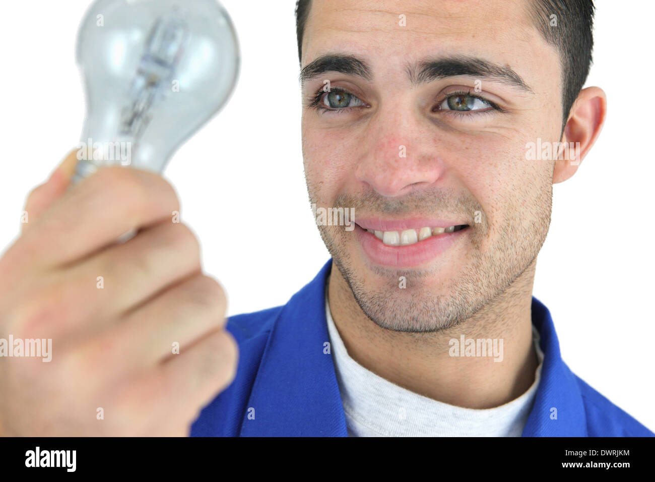 young blue collar holding bulb Stock Photo Alamy