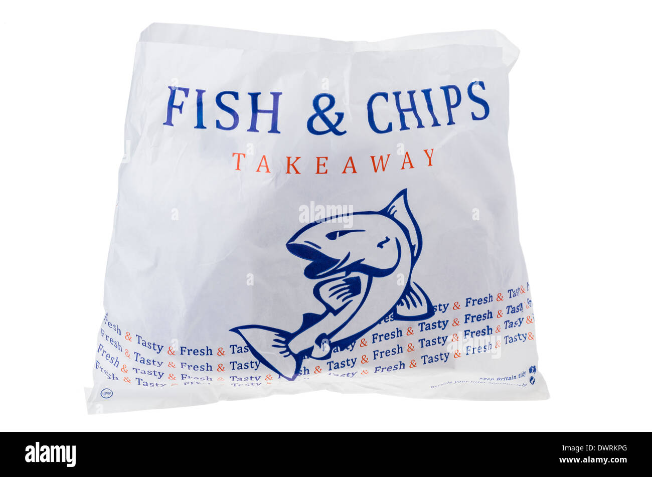 Bag of Takeaway Fish and Chips. Stock Photo