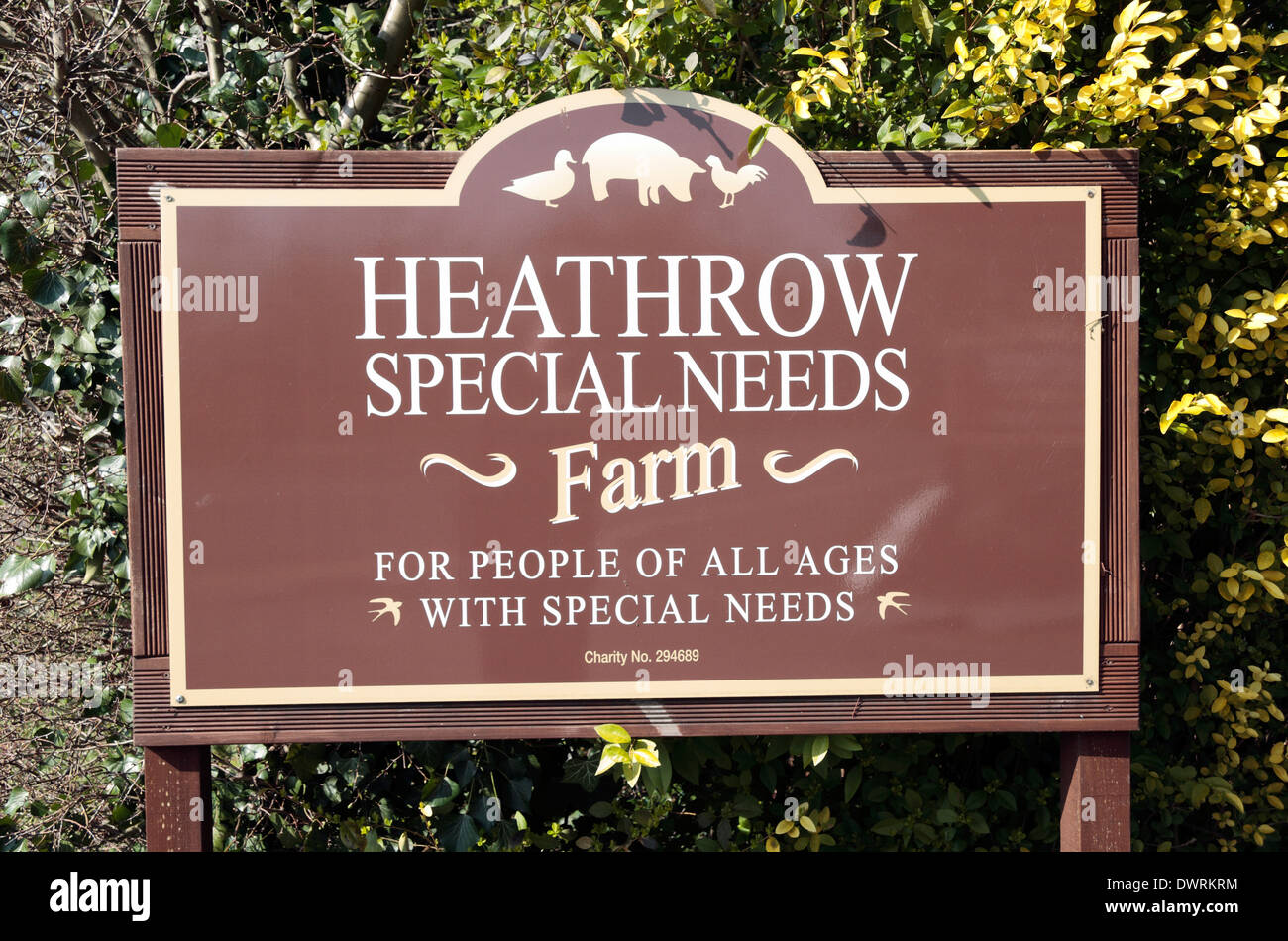 Sign outside the Heathrow Special Needs Farm, Bath Rd, Longford, West