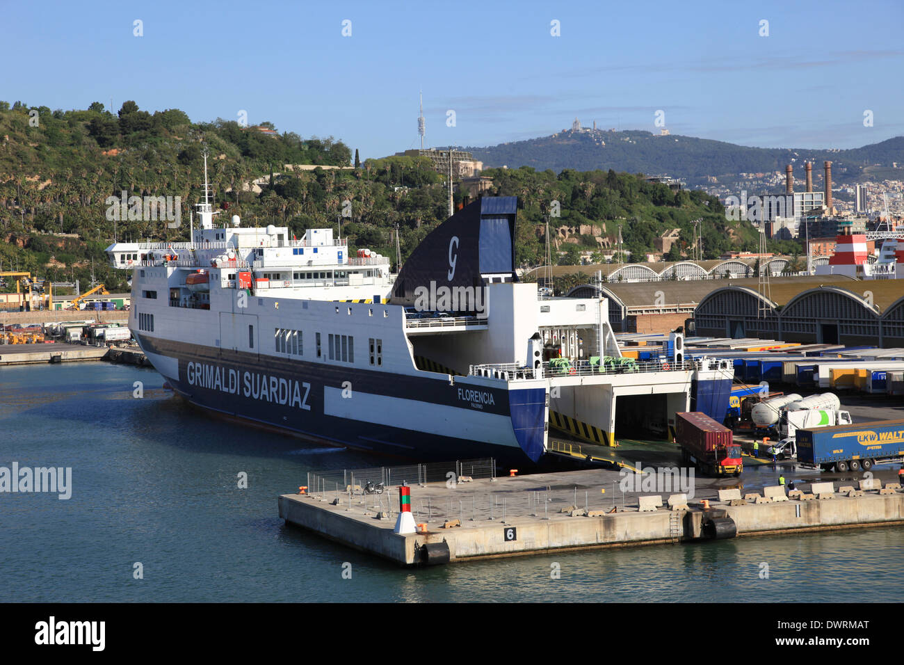 Grimaldi Suardiaz Ro-Ro ferry mv Florencia loading trucks at Barcelona Spain, May 15, 2011 Stock Photo