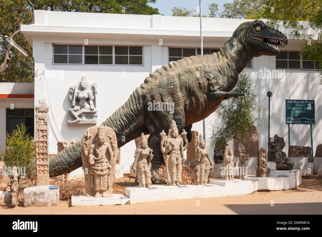 South Southern India , Tamil Nadu , Madurai Government Museum , dinosaur statues sculptures figures pillars bas relief Stock Photo