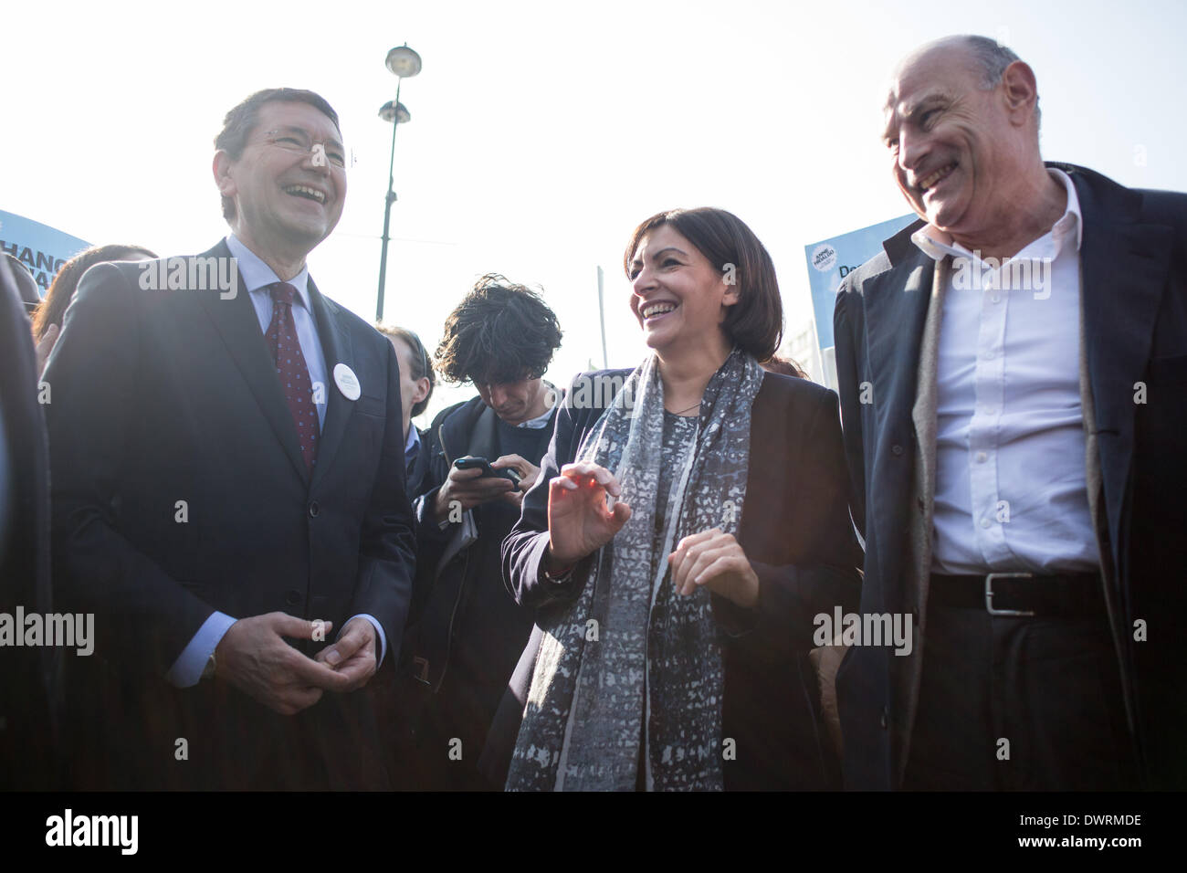 Paris, France. 12th Mar, 2014. Anne Hidalgo, the Ps candidate for mayor of Paris in 2014, with the mayor of Rome, Ignazio Marino and Jerome Coumet, tops the list in the 13th arrondissement of Paris. The appointment was set up in Italy's square to present plans for future renovations. Credit:  Michael Bunel/NurPhoto/ZUMAPRESS.com/Alamy Live News Stock Photo