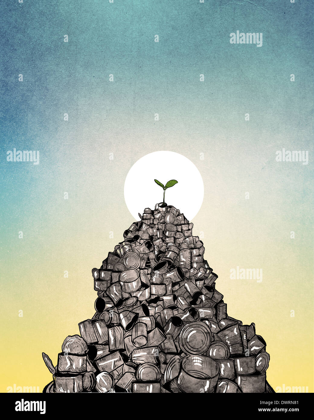 Illustrative image of plant growing from heap of cans against sun representing recycle Stock Photo