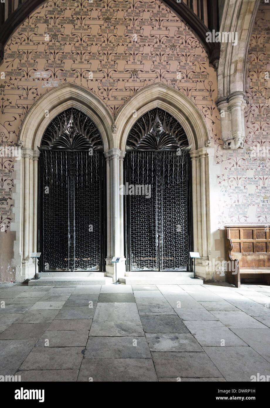 The wrought steel gates inside the Great Hall at Winchester Castle in Hampshire, England, UK Stock Photo