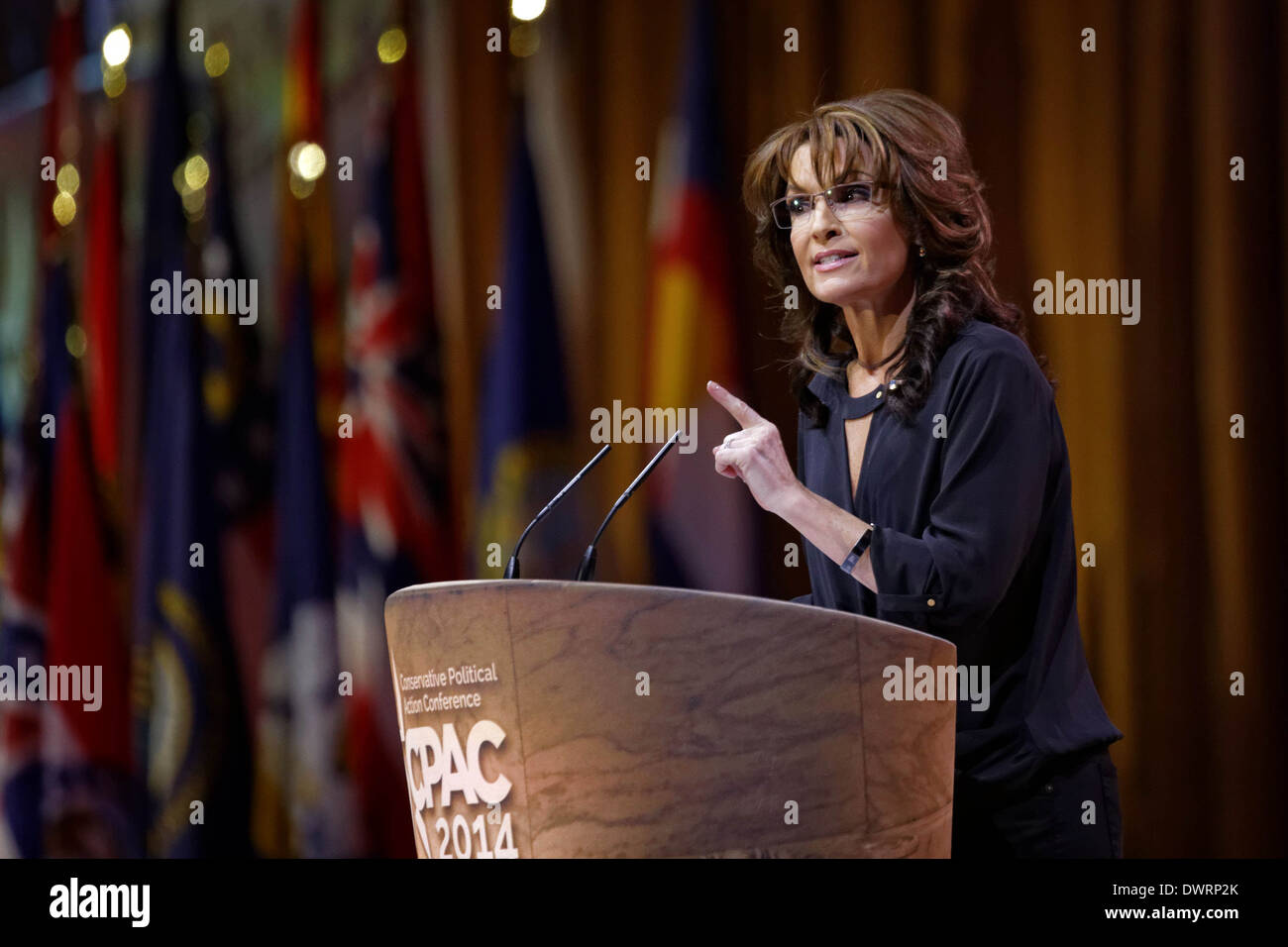 Former Alaska Governor and Tea Party figure Sarah Palin pictured during CPAC 2014 at National Harbor, Maryland. Stock Photo