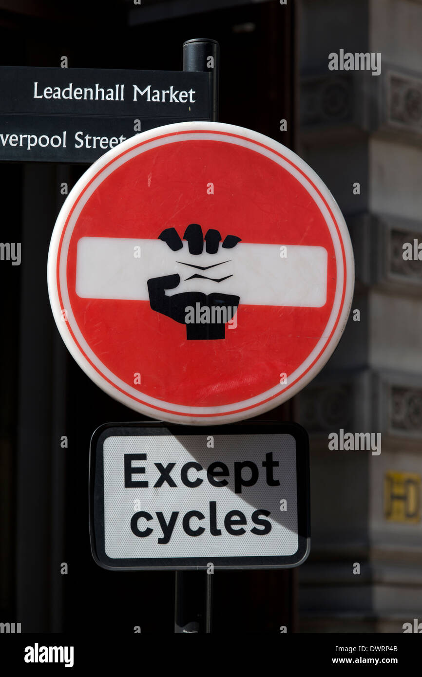 Graffiti on a No Entry street sign, Gracechurch Street, London, England, UK. Stock Photo