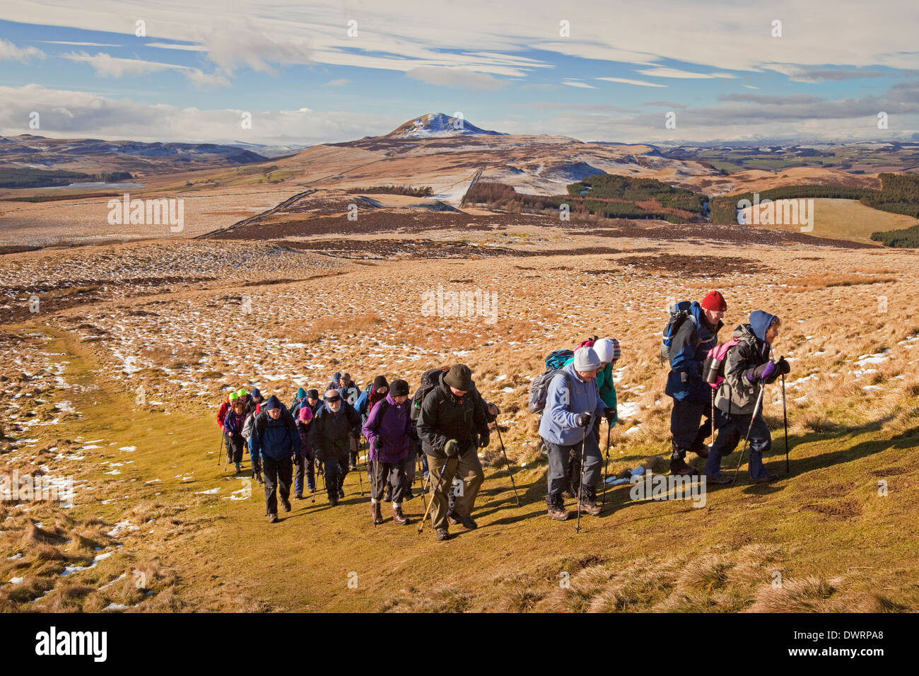 Ramblers ascending East Lomond near Falkland West Lomond is in the background. Stock Photo