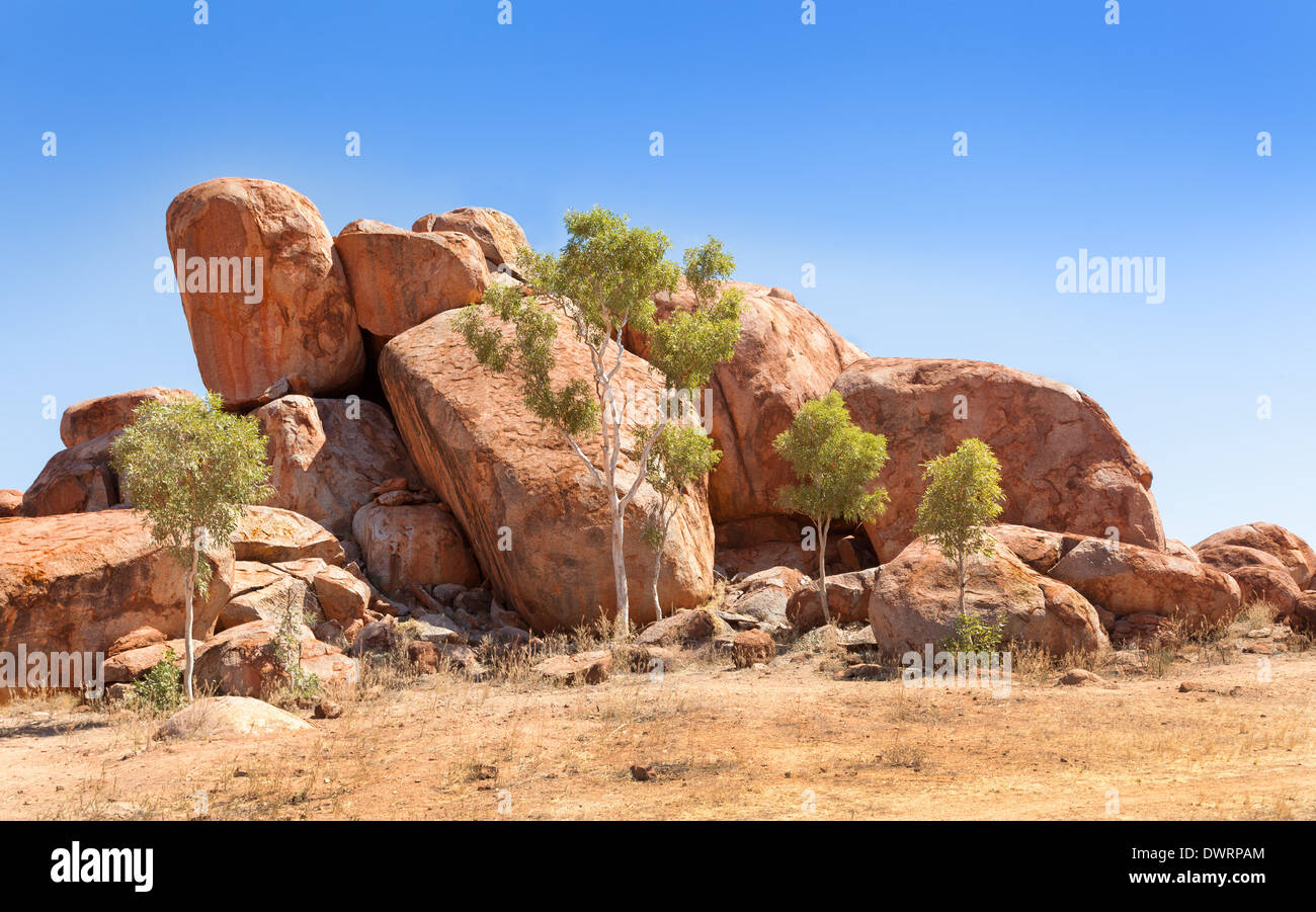 formation of round boulders in Central Australia called Devils Marbles Stock Photo