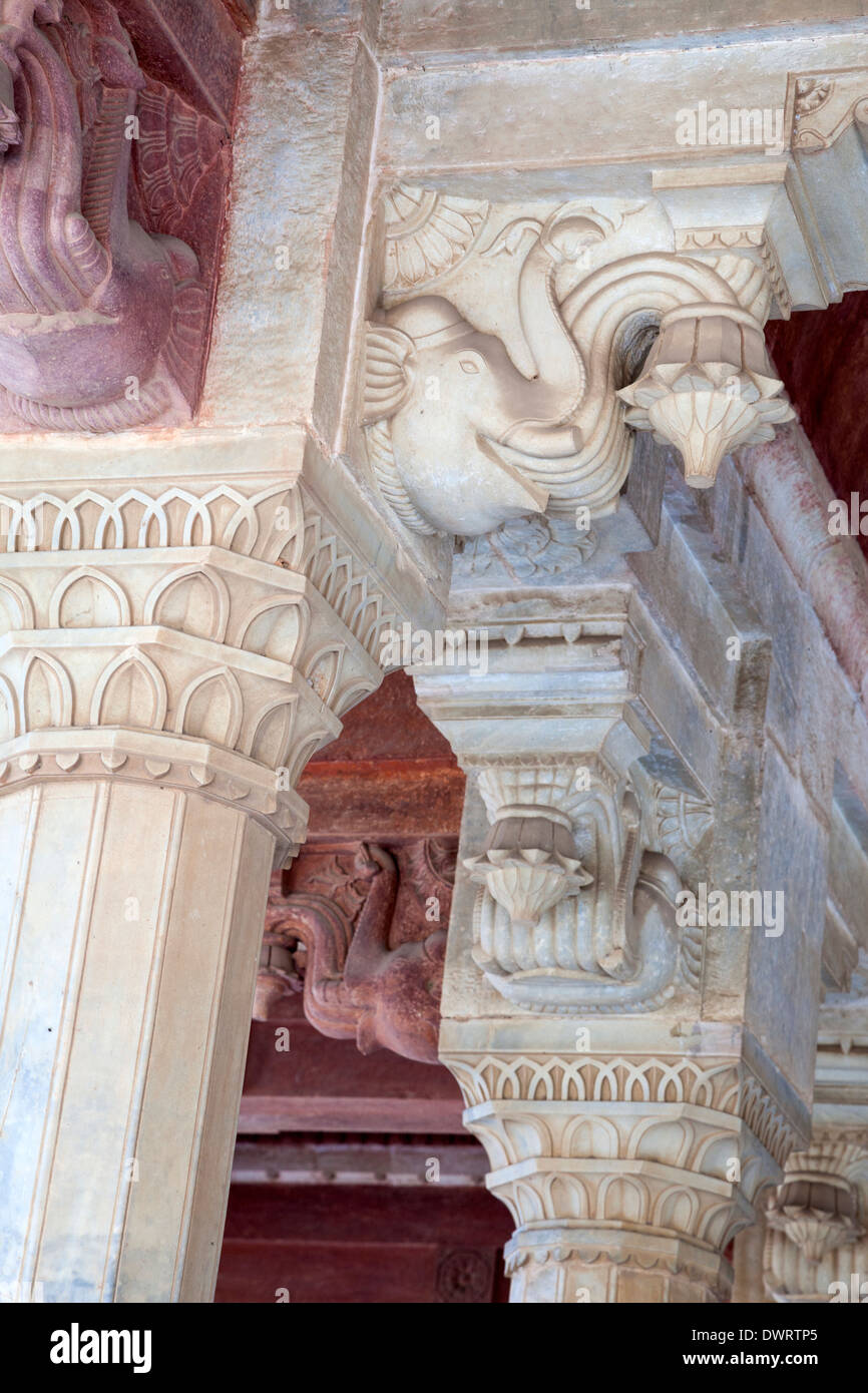 Jaipur, Rajasthan, India. Hindu Motifs on Columns of Diwan-i-Am, the Hall of Public Audience--Elephant Holding a Lotus Flower. Stock Photo