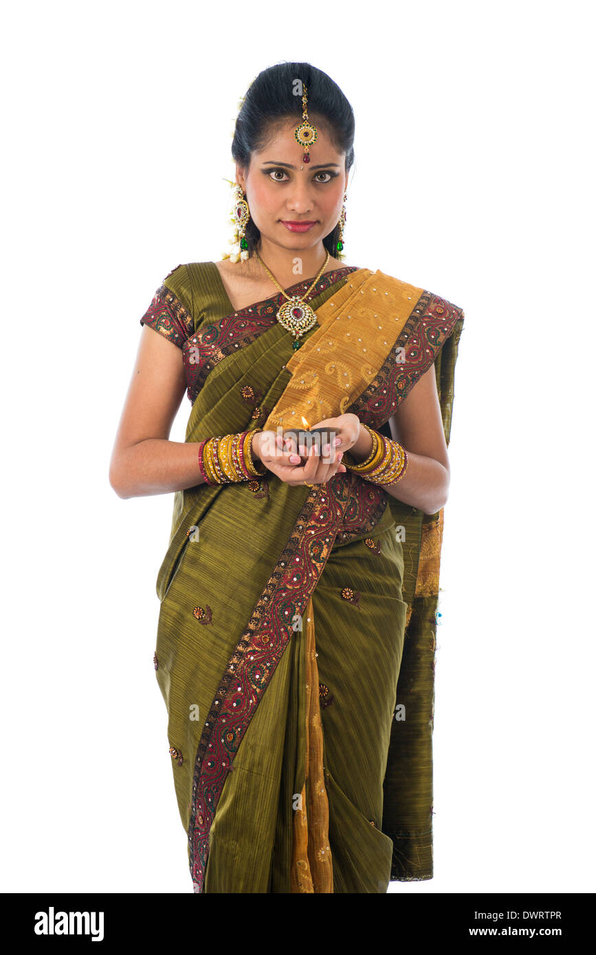 indian woman in traditional clothes with lamp Stock Photo - Alamy