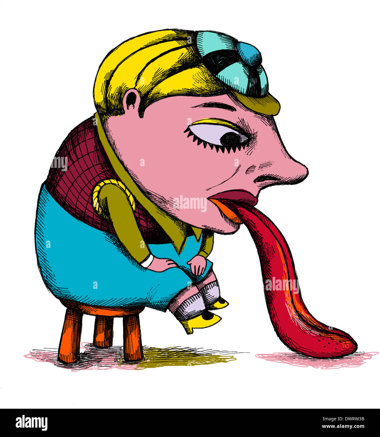 Illustration of woman sticking out long tongue over white background Stock Photo