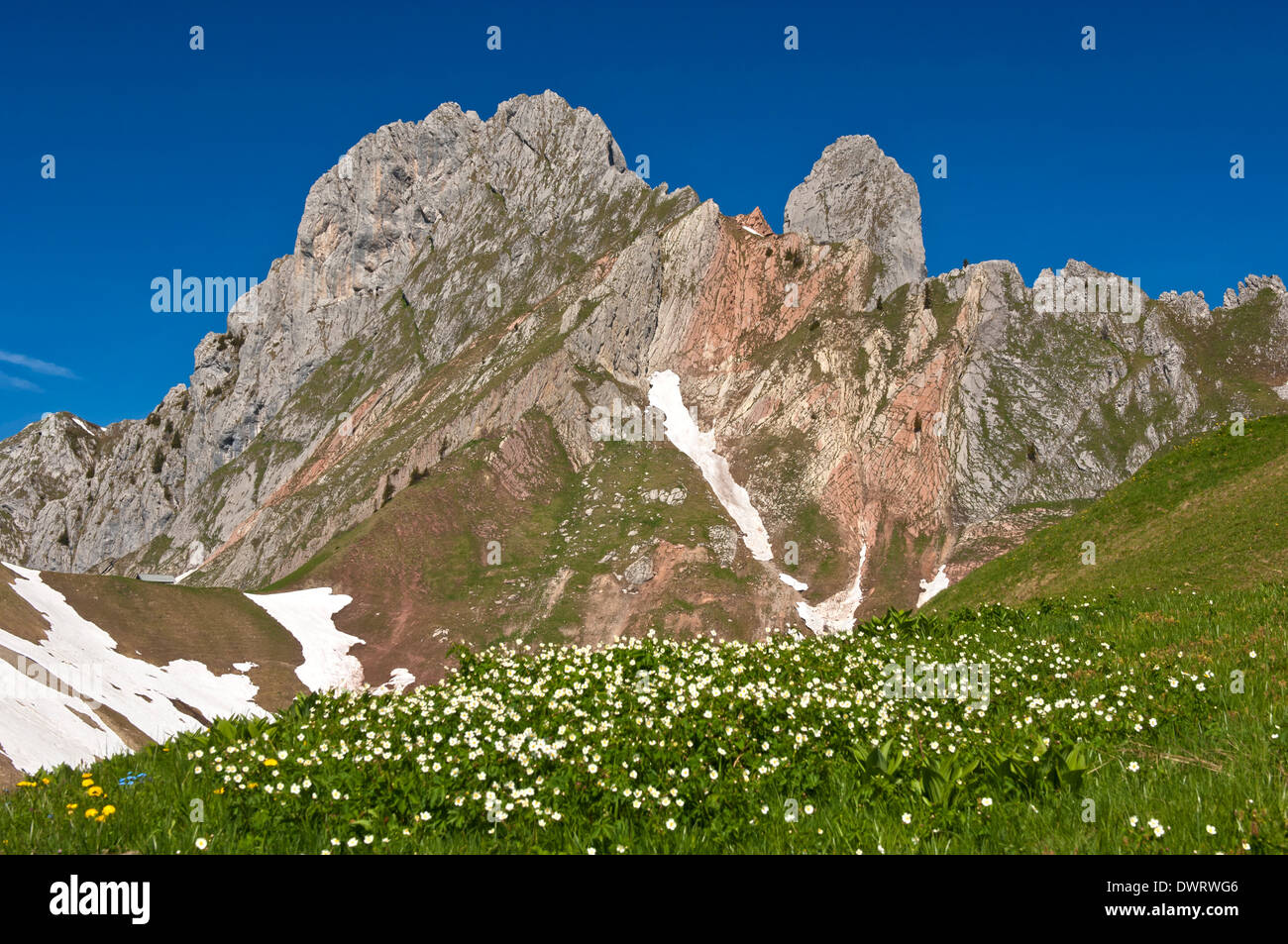 Dent de Ruth, Gastlosen limestone mountain range, Abländschen, Switzerland Stock Photo