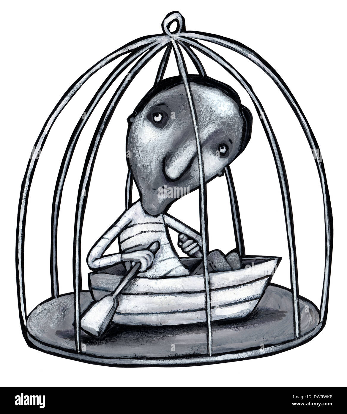 Illustrative image of man with boat in cage representing bondage Stock Photo