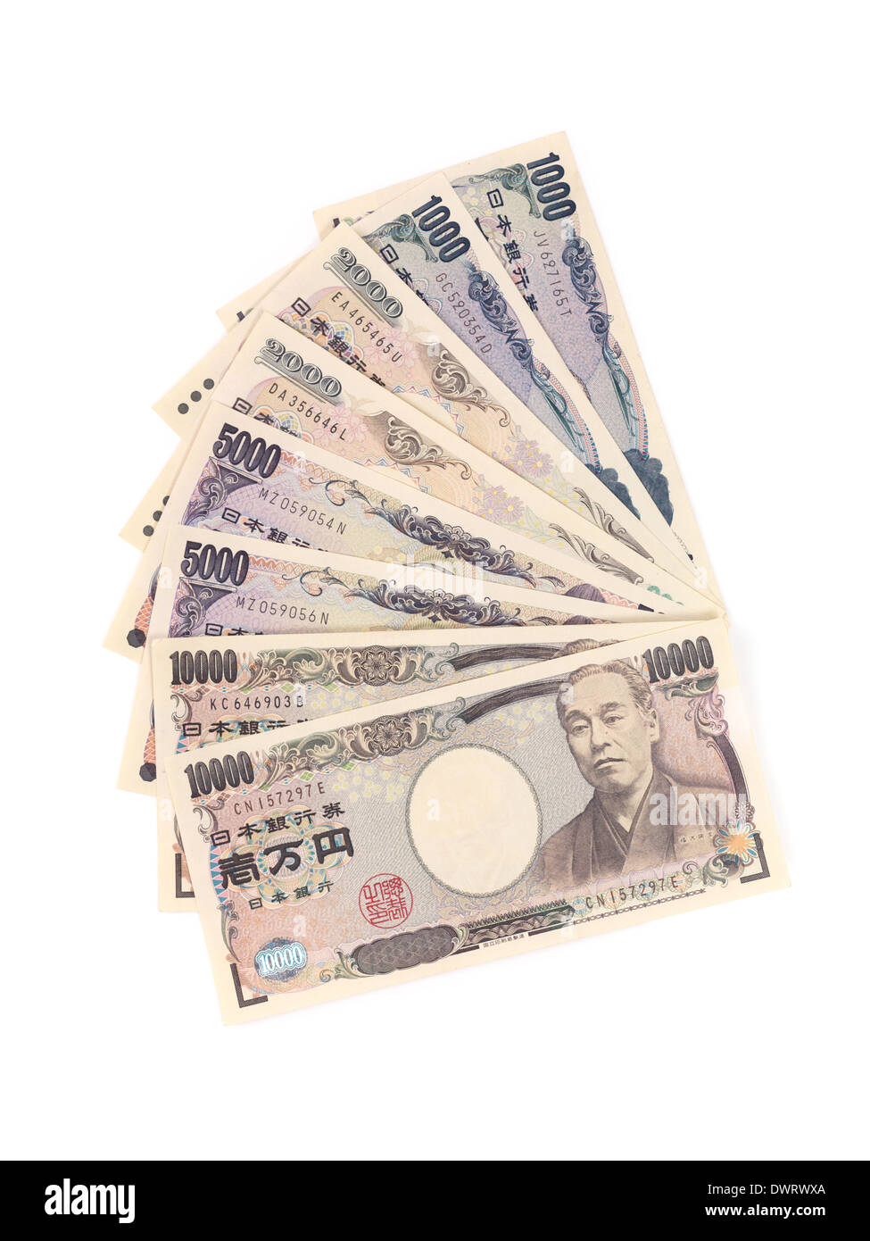 Japanese Yen money bills, closeup of currency isolated on white background Stock Photo