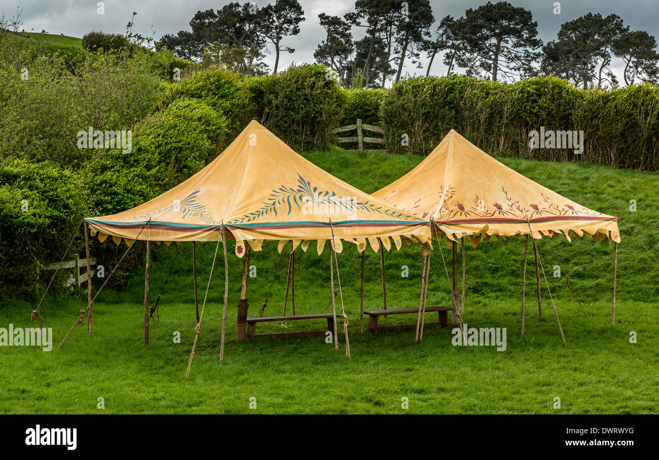 Hobbit tents in Hobbiton, location of the Lord of the Rings and The Hobbit film trilogy, Hinuera, Matamata, New Zealand Stock Photo
