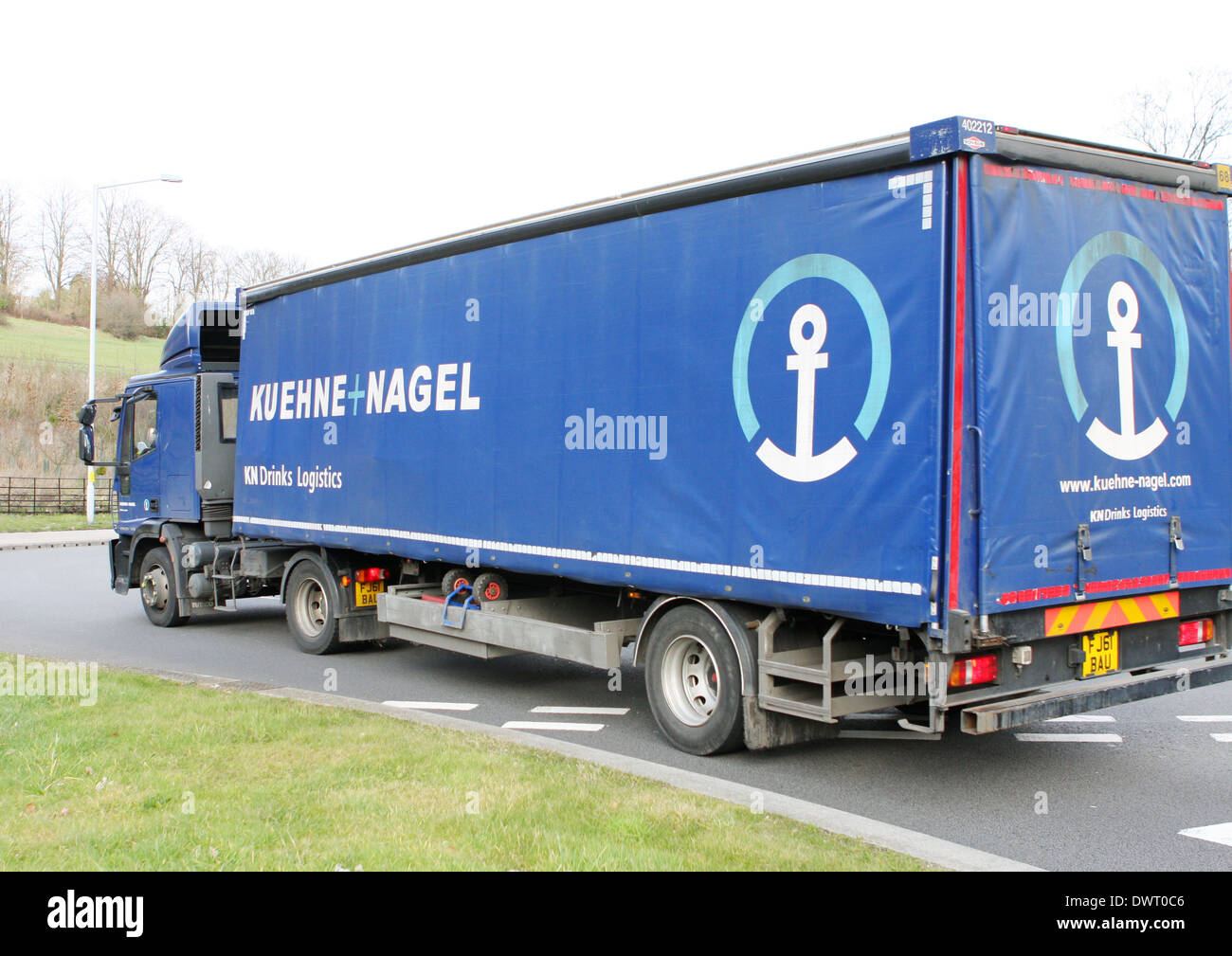 An articulated truck entering a roundabout in Coulsdon, Surrey, England