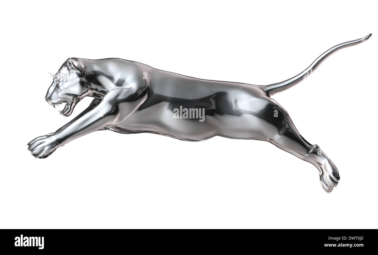 Metal lion/tiger jumping. Chromed effect on white background. clipping path included. Stock Photo