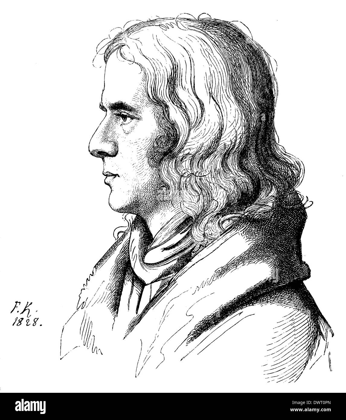 Chamisso, portrait from 1828, drawn by Franz Kugler Stock Photo