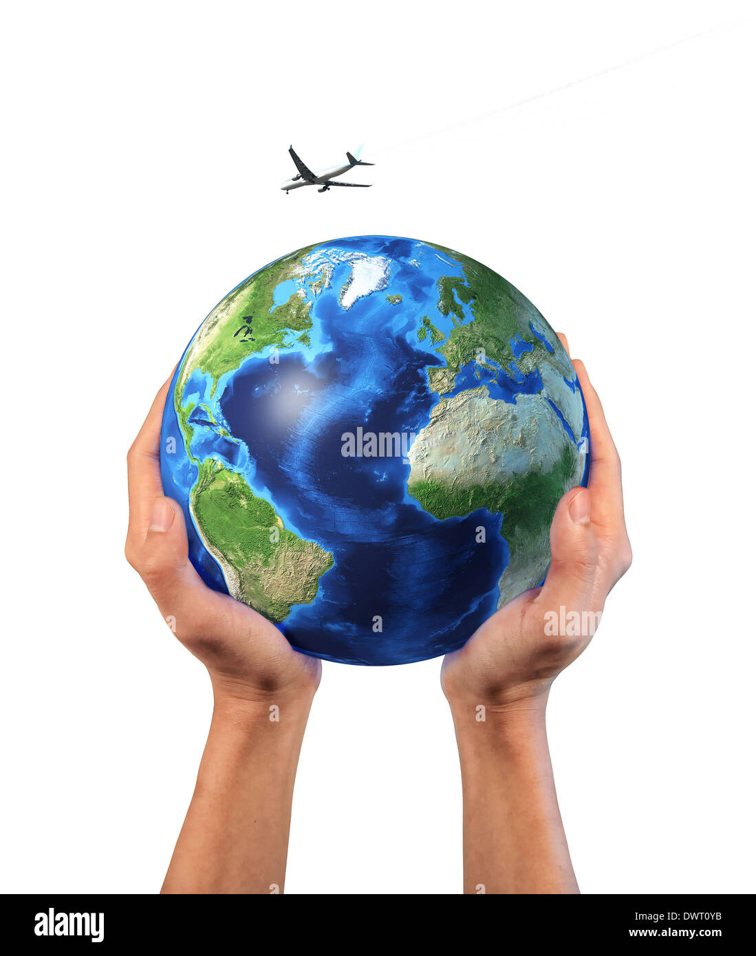 Man's hands holding the planet Earth, with a jet aircraft flying over it, isolated on white background, with clipping path. Stock Photo