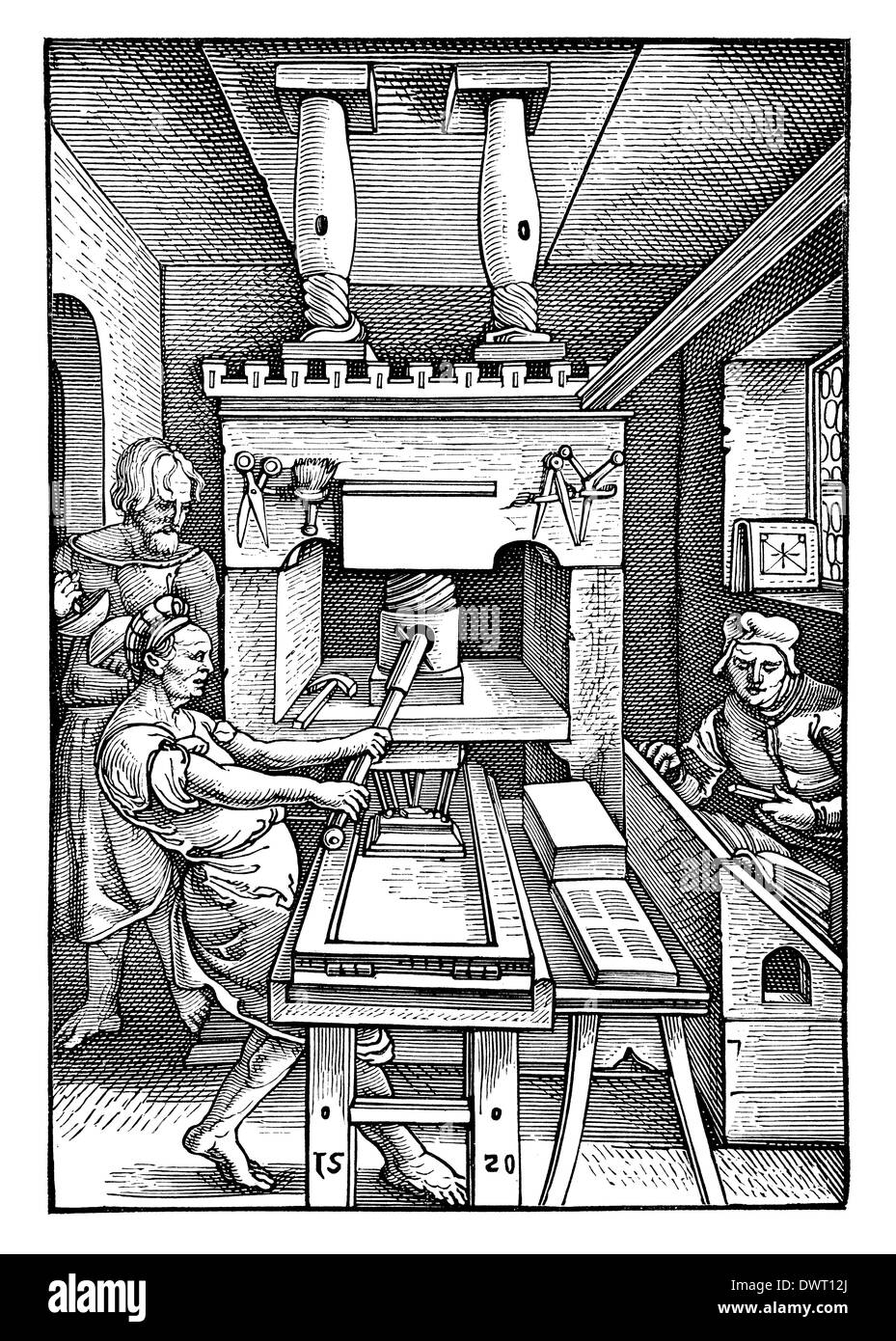 Abbildung einer Buchdruckpresse von 1520. Aus der Sammlung des Börsenvereins der deutschen Buchhändler zu Leipzig Stock Photo