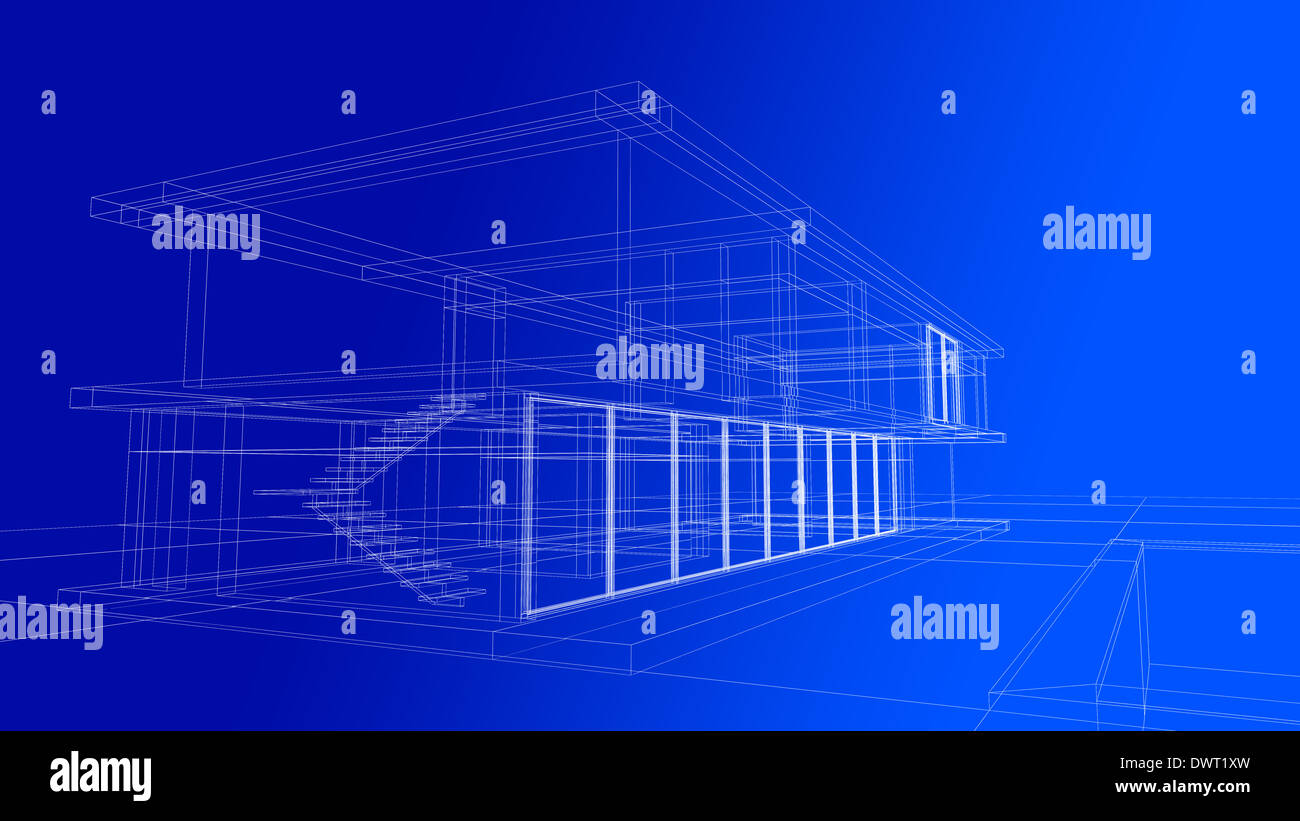 Architectural blueprint render of a private house in wireframe layout Stock Photo