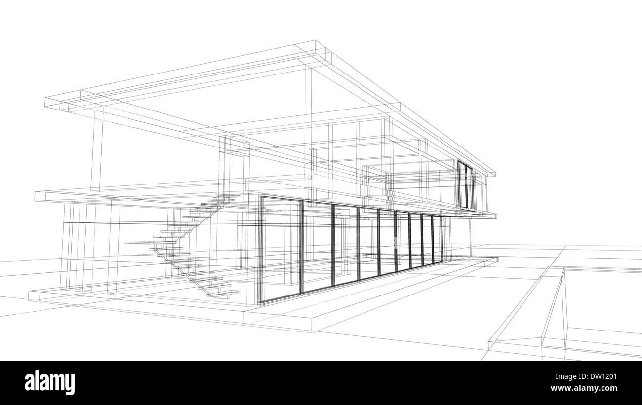 Architectural blueprint render of a private house in wireframe layout Stock Photo