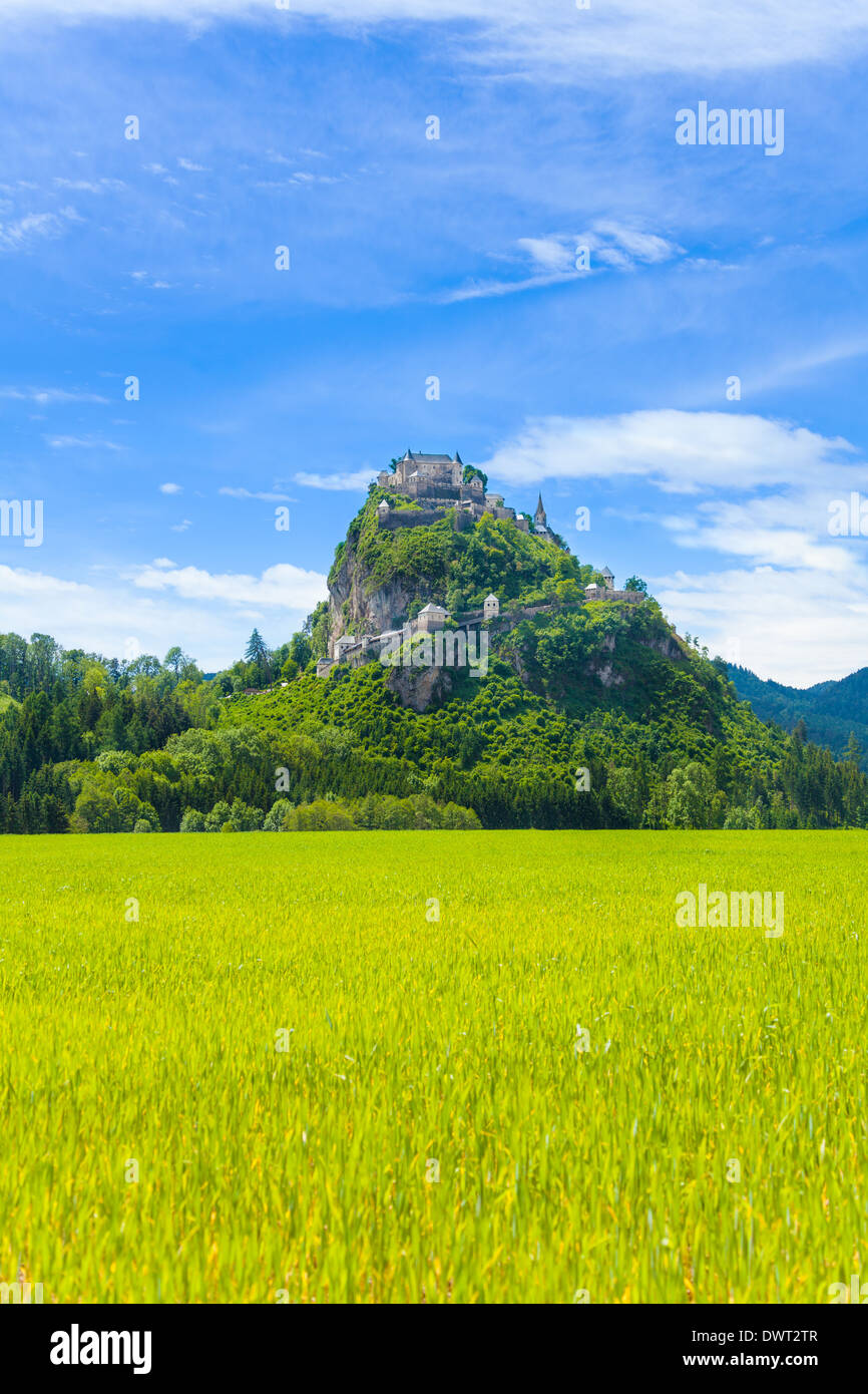 Green spring culture crops fields and Hochosterwitz castle in Austria ...