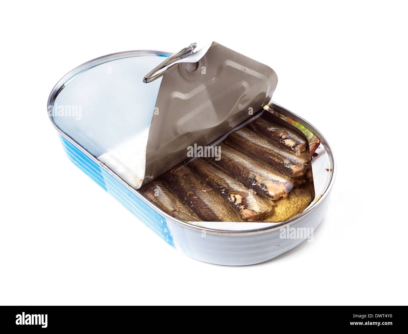 Open can of smoked sprats shot on white Stock Photo