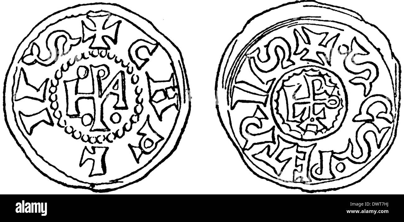 Gemeinsame Münze (Denar) Karls des Großen und des Papstes Leo III. Stock Photo