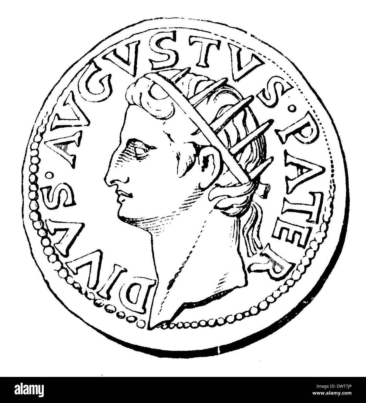 Augustus (geb. 23. September 63 v. Chr., gest. 19. August 14 n. Chr.), erster römischer Kaiser, auf einer Münze Stock Photo