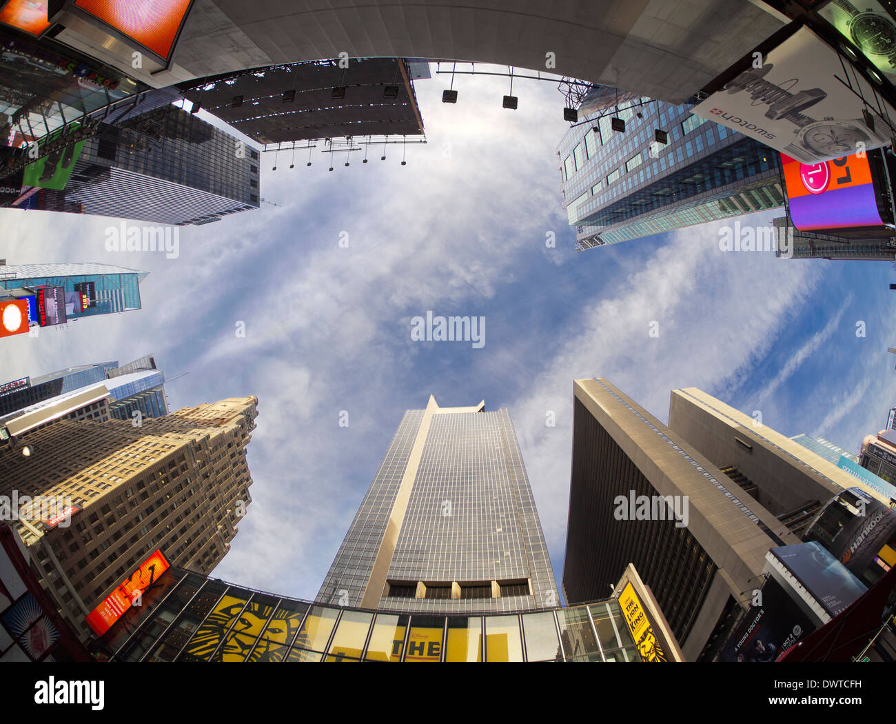 Early morning fisheye view of Times Square in New York USA Stock Photo