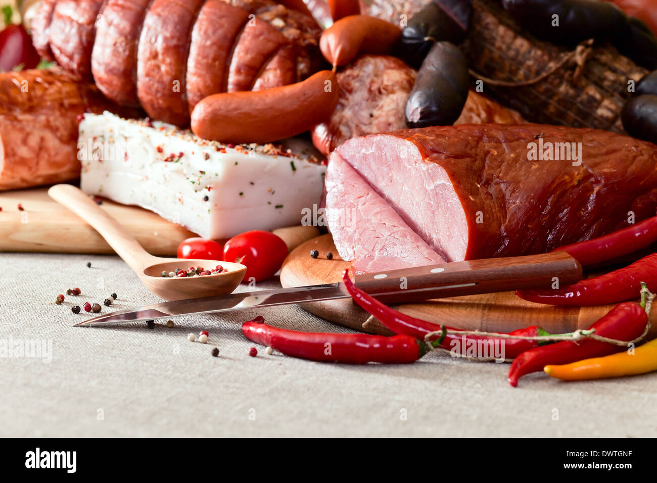 smoked meat and sausages on a linen cloth Stock Photo Alamy