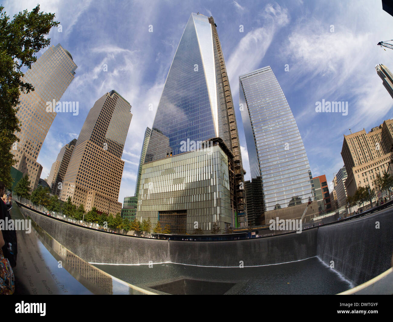 Fisheye view of the new One World Trade Centre and Memorial Fountain at Ground Zero New York 5 Stock Photo