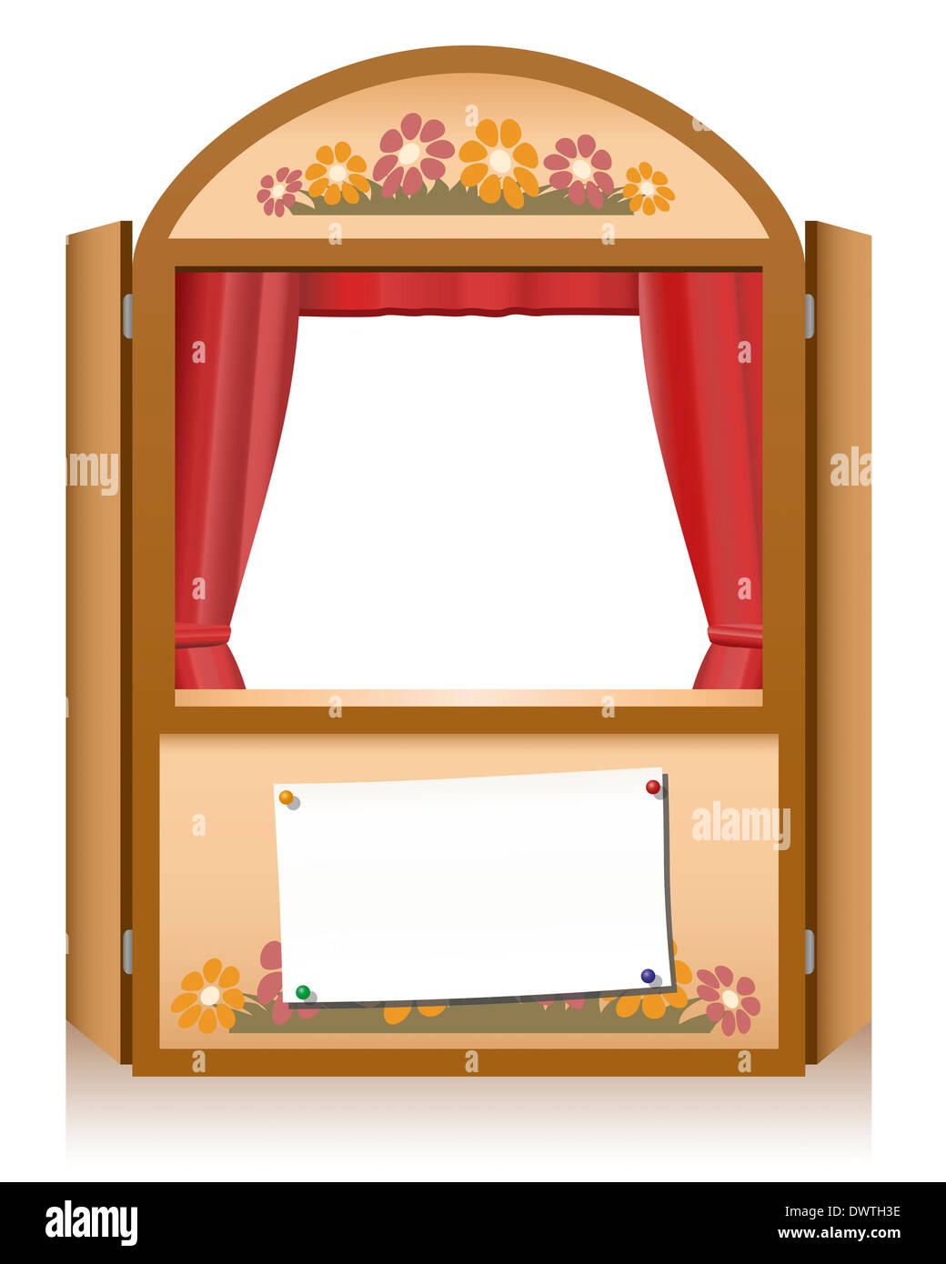 Wooden punch and judy booth with blank staging announcement banner, that can individually be lettered. Stock Photo