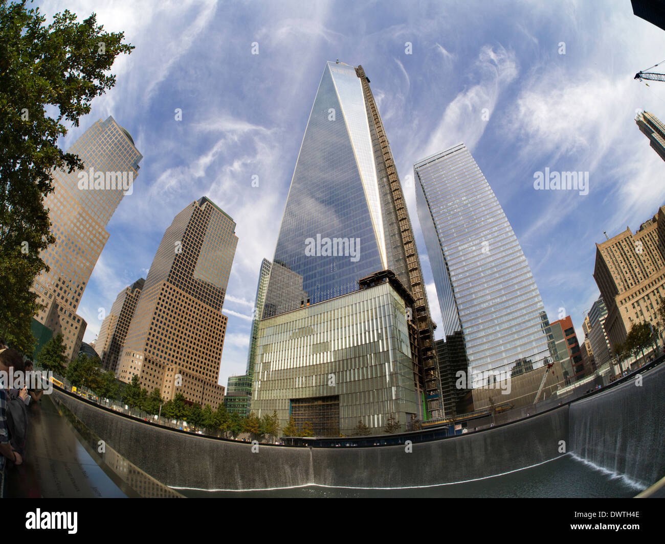 Fisheye view of the new One World Trade Centre and Memorial Fountain at Ground Zero New York 4 Stock Photo