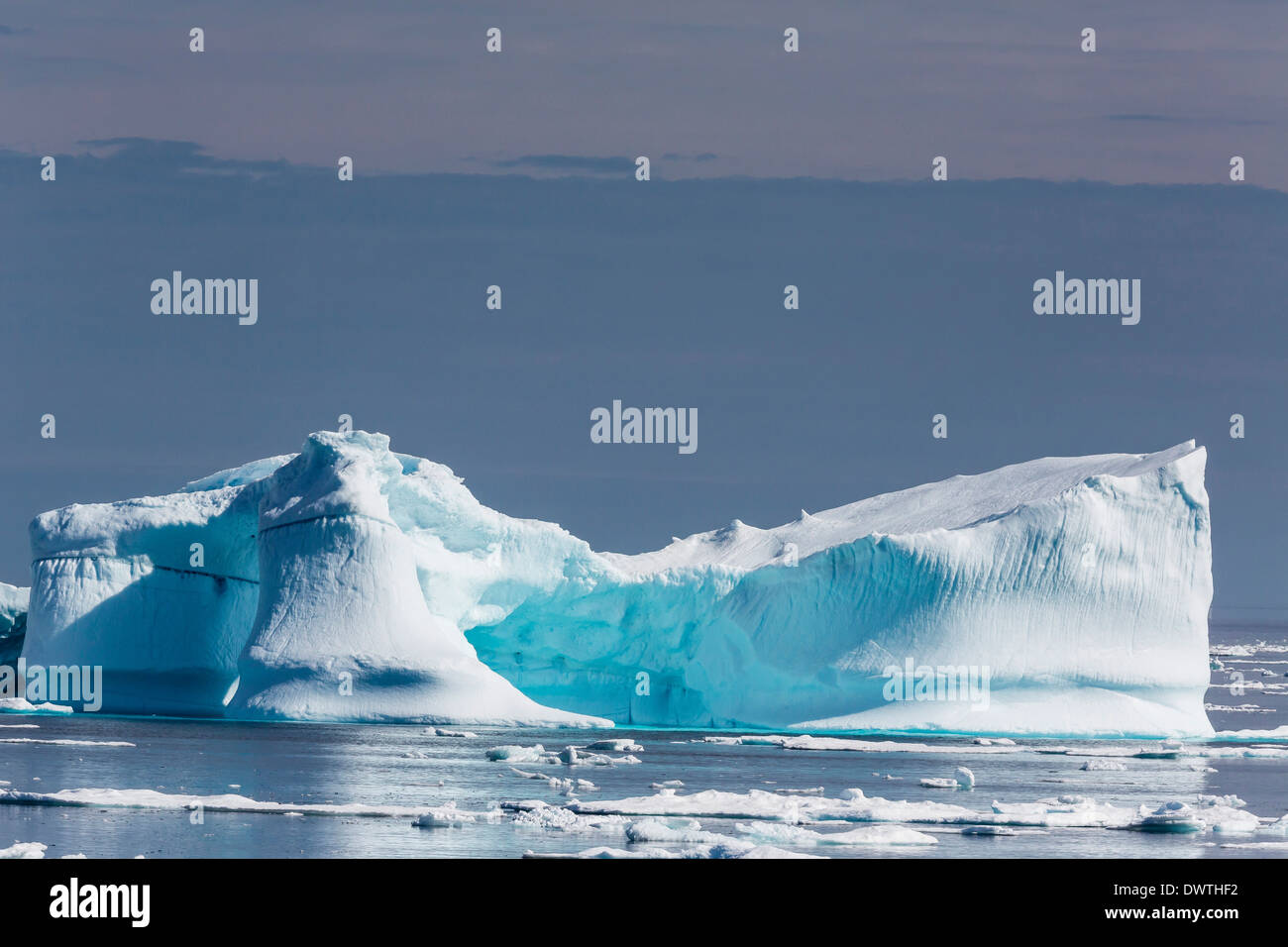 Icebergs and brash ice near the Cumberland Peninsula, Baffin Island, Nunavut, Canada, North America Stock Photo