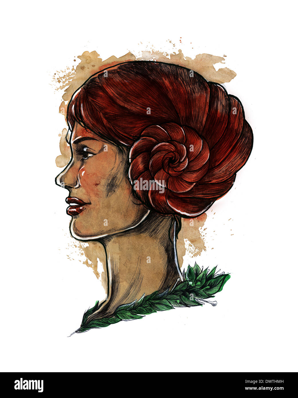 Illustration of woman with hair in spiral horned shape representing Aries zodiac sign Stock Photo