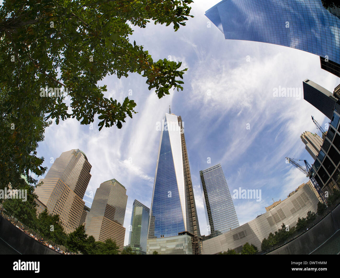 Fisheye view of the new One World Trade Centre and Memorial Fountain at Ground Zero New York Stock Photo