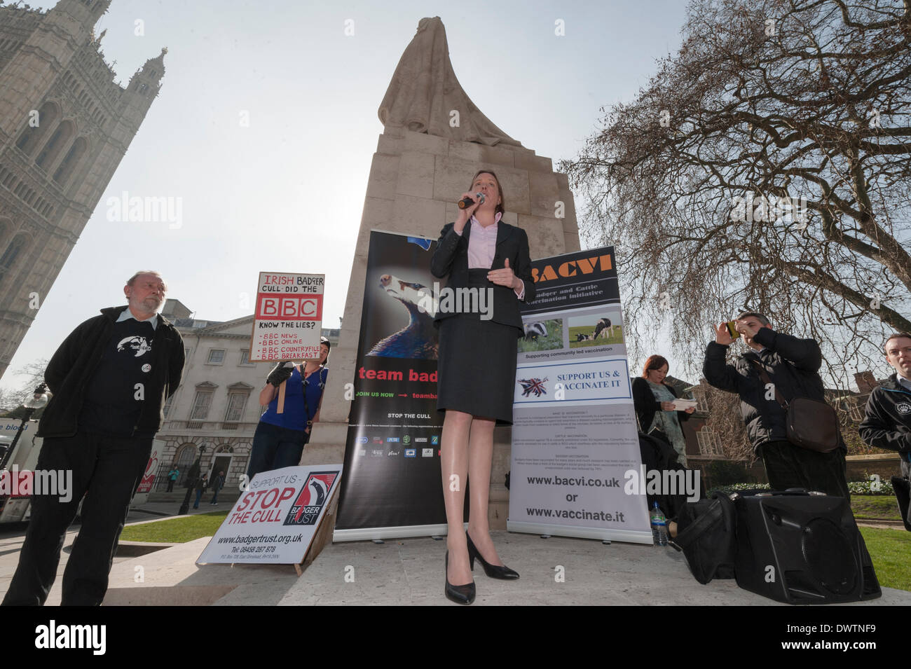 Old Palace Yard, London, UK. 13th March 2014.  To coincide with a debate in Parliament, the Badger Trust and Care for the Wild organised a peaceful anti cull protest at Old Palace Yard opposite Parliament in London. Pictured: TRACEY CROUCH MP. Credit:  Lee Thomas/Alamy Live News Stock Photo