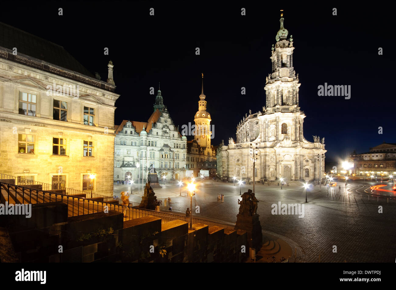 Germany, Saxony, Dresden, Residenzschloss Castle and  Katholische Hofkirche Church at Night. Stock Photo